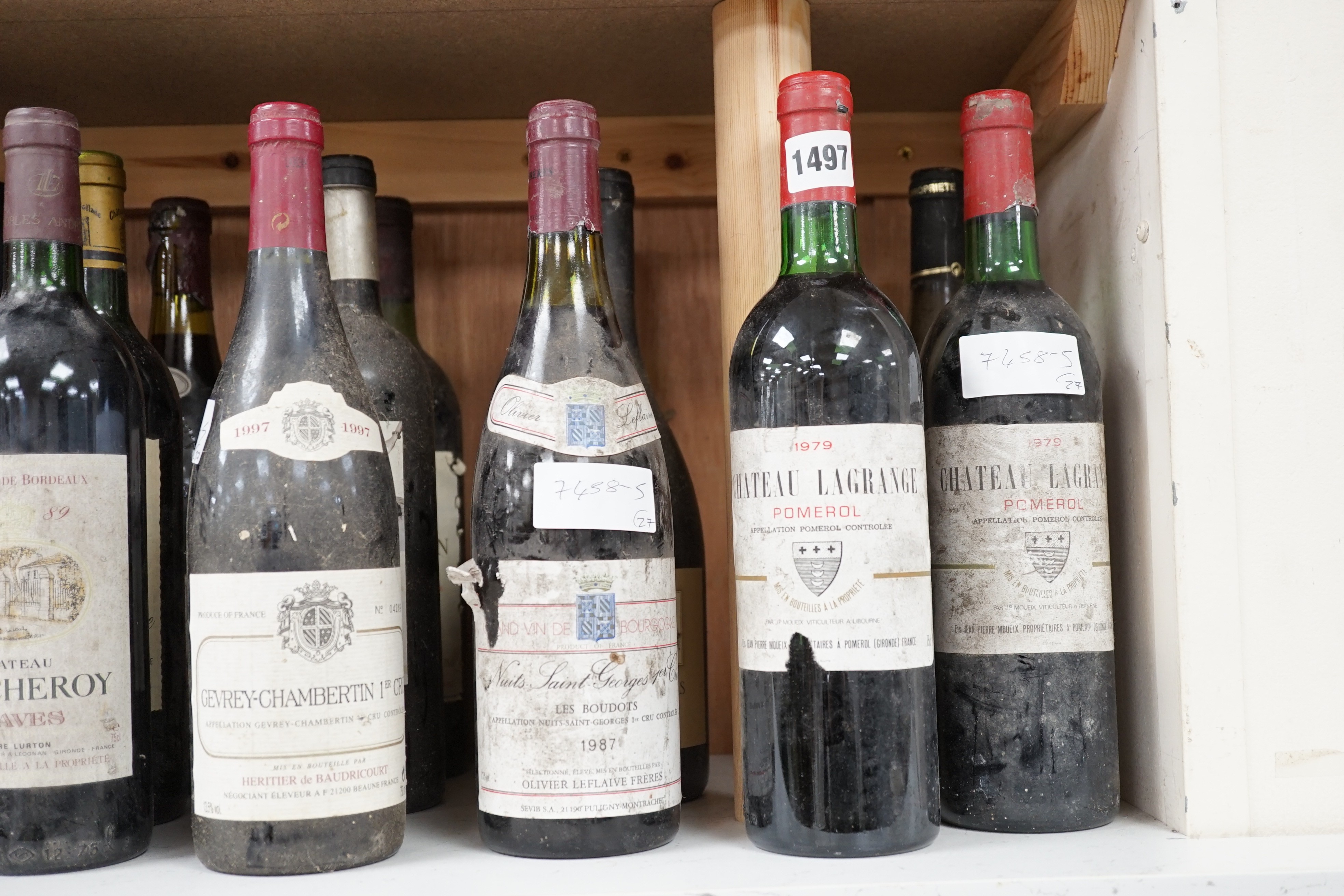 Twenty seven assorted bottles of Bordeaux and Burgundy: 6 bottles of Nuits St Georges 1er Cru 1987, 3 bottles of Chateau Lagrange Pomerol 1979, 2 bottles of Cotes de Brouilly 1988, 3 bottles of Gevrey-Chambertin 1er Cru